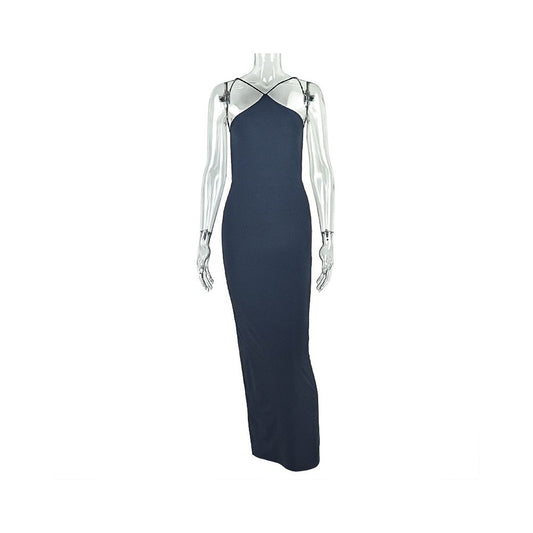 European and American style export solid color elegant women s dress low waist hip hugging skirt halter neck sleeveless backless long dress