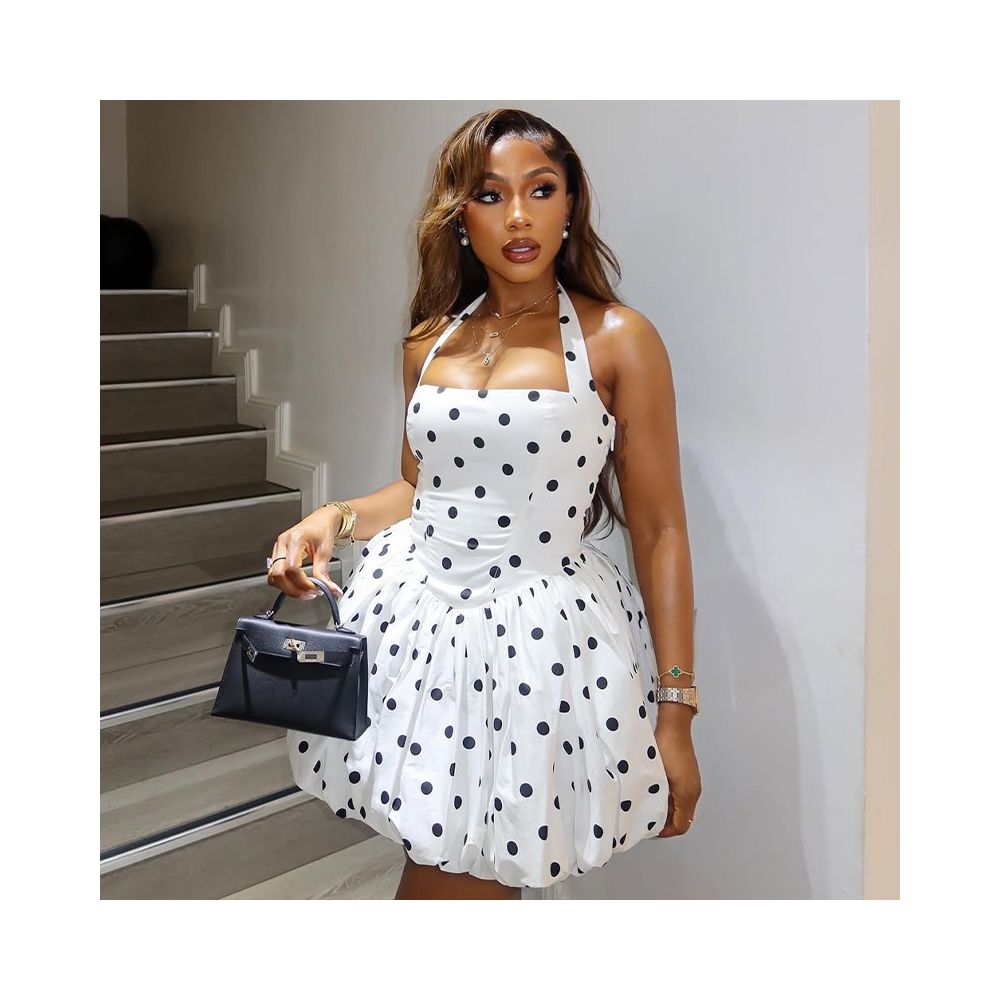 European and American style ins style foreign trade black and white printed polka dot pleated A line skirt halter neck sleeveless short dress trendy image 0