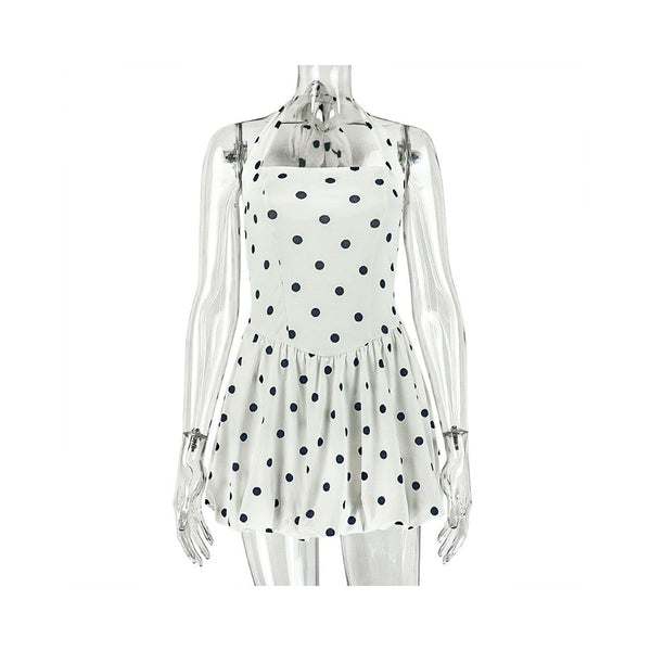 European and American style ins style foreign trade black and white printed polka dot pleated A line skirt halter neck sleeveless short dress trendy