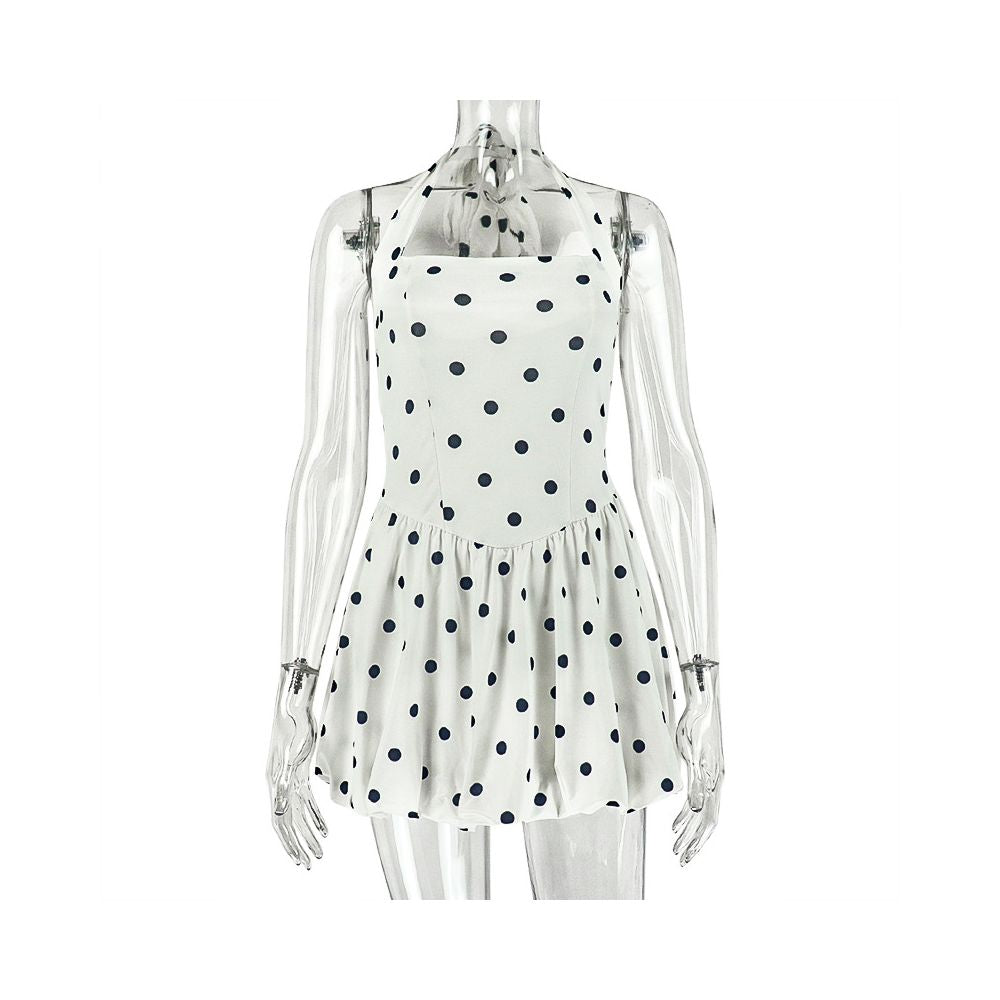 European and American style ins style foreign trade black and white printed polka dot pleated A line skirt halter neck sleeveless short dress trendy