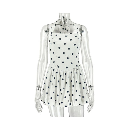 European and American style ins style foreign trade black and white printed polka dot pleated A line skirt halter neck sleeveless short dress trendy