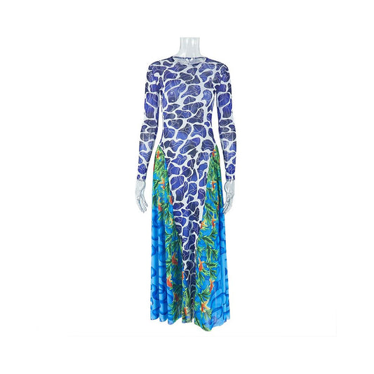 European and American style export printed personalized women s clothing slightly sheer waist cinching slimming bodycon skirt high neck long sleeved commuter long dress