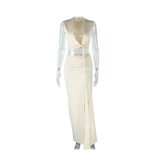 European and American style early autumn in stock dress milk silk asymmetrical V neck off shoulder sleeveless long dress