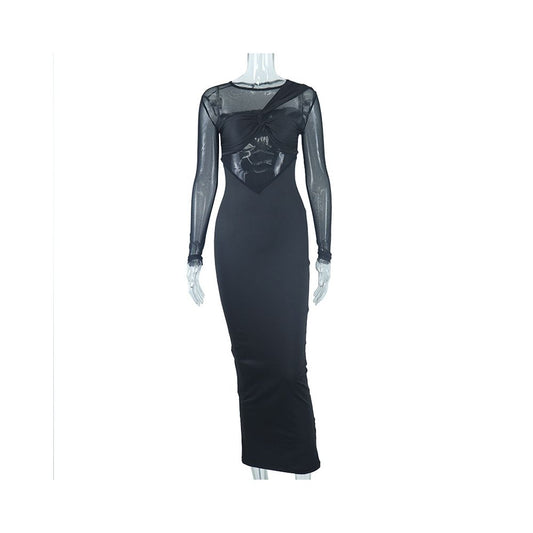 2022 New Style Round Neck Mesh Patchwork Long Sleeve Mid Length Fitted Dress from European and American Women s Clothing Cross border Trade Manufacturer