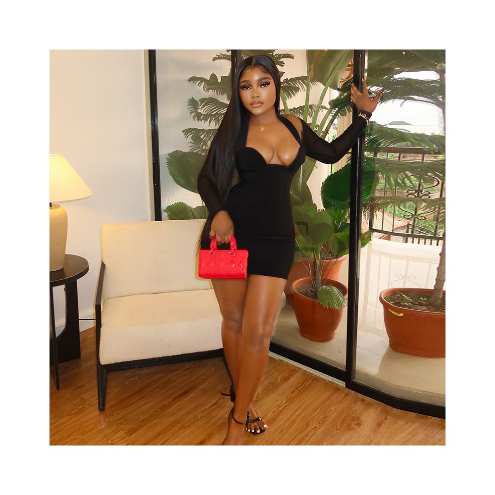 European and American style cross border solid color slim fit women s sexy patchwork elegant hip hugging skirt with mesh long sleeves short dress image 1