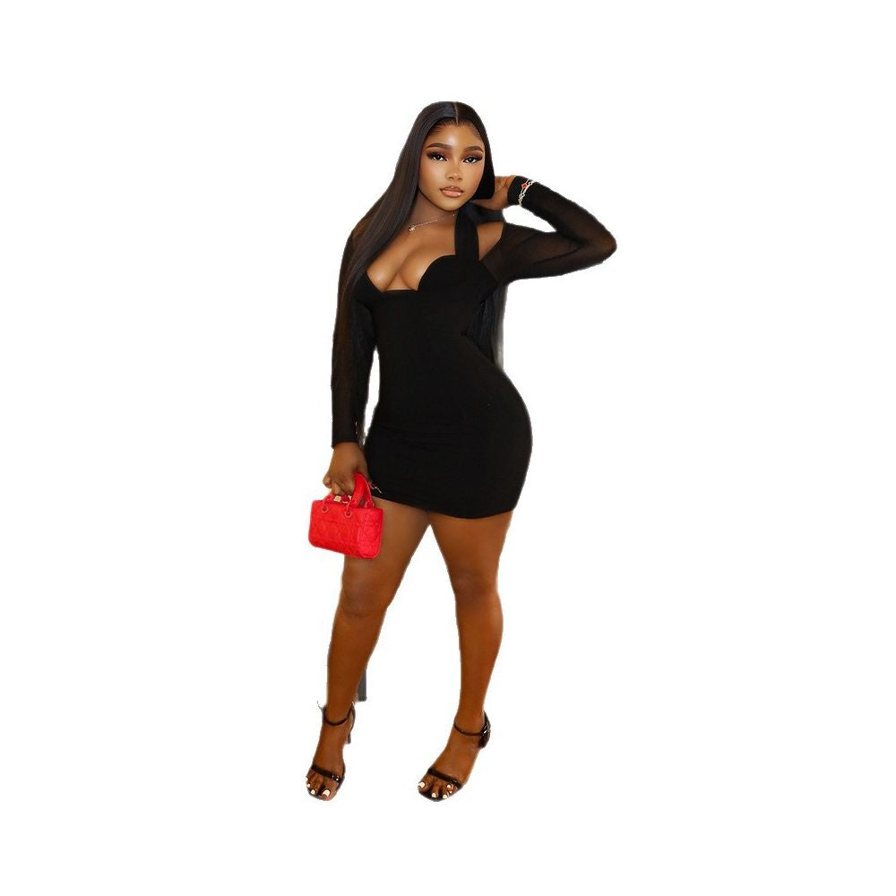 European and American style cross border solid color slim fit women s sexy patchwork elegant hip hugging skirt with mesh long sleeves short dress image 4