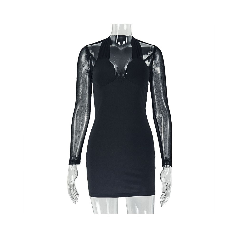 European and American style cross border solid color slim fit women s sexy patchwork elegant hip hugging skirt with mesh long sleeves short dress