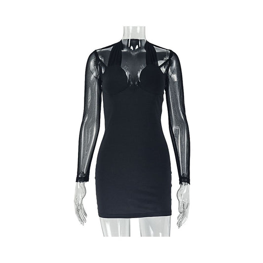 European and American style cross border solid color slim fit women s sexy patchwork elegant hip hugging skirt with mesh long sleeves short dress