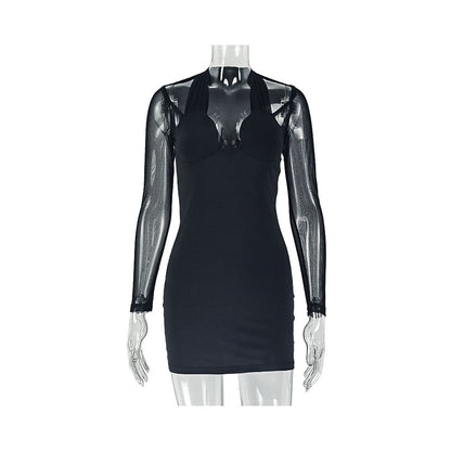 European and American style cross border solid color slim fit women s sexy patchwork elegant hip hugging skirt with mesh long sleeves short dress