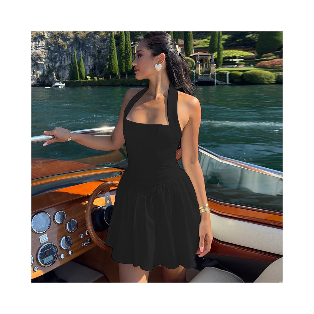 European and American style trendy and fashionable solid color dress sexy suspender neck sleeveless backless A line dress image 1