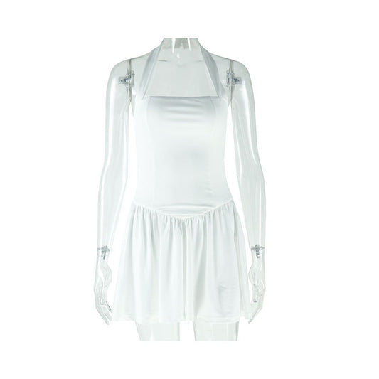 European and American style trendy and fashionable solid color dress sexy suspender neck sleeveless backless A line dress
