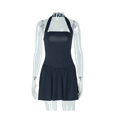 European and American style trendy and fashionable solid color dress sexy suspender neck sleeveless backless A line dress