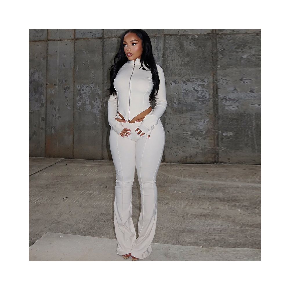 European and American cross border women s slim fit pleated zipper solid color cropped pants set long sleeved stand collar loose trousers two piece set image 0