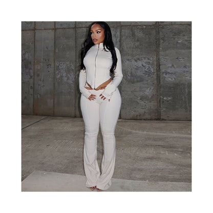 European and American cross border women s slim fit pleated zipper solid color cropped pants set long sleeved stand collar loose trousers two piece set image 0