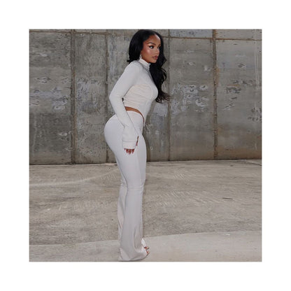 European and American cross border women s slim fit pleated zipper solid color cropped pants set long sleeved stand collar loose trousers two piece set image 1