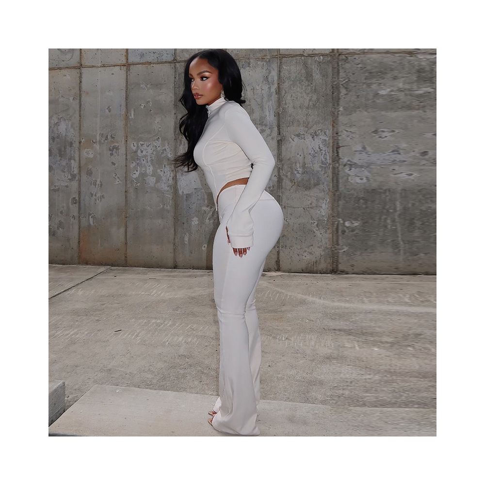 European and American cross border women s slim fit pleated zipper solid color cropped pants set long sleeved stand collar loose trousers two piece set image 3