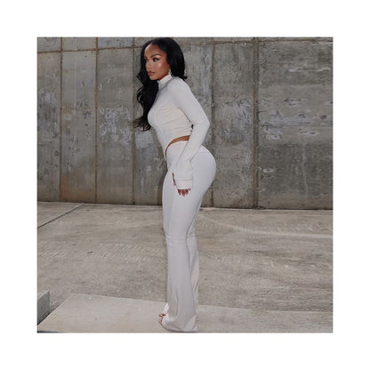 European and American cross border women s slim fit pleated zipper solid color cropped pants set long sleeved stand collar loose trousers two piece set image 3