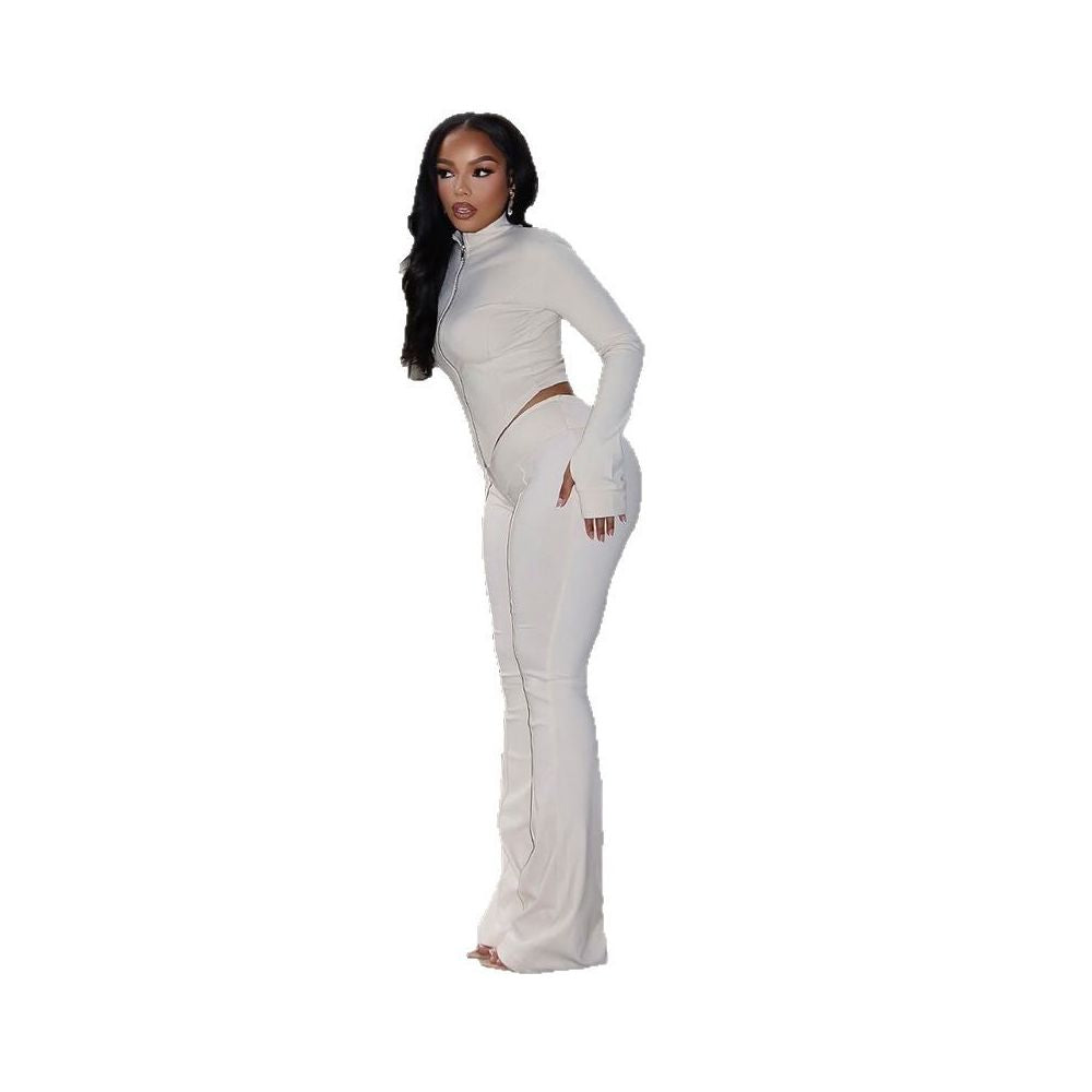 European and American cross border women s slim fit pleated zipper solid color cropped pants set long sleeved stand collar loose trousers two piece set image 4