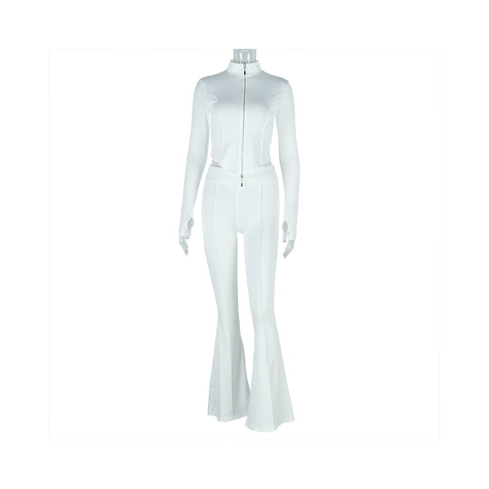 European and American cross border women s slim fit pleated zipper solid color cropped pants set long sleeved stand collar loose trousers two piece set
