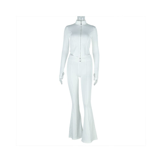 European and American cross border women s slim fit pleated zipper solid color cropped pants set long sleeved stand collar loose trousers two piece set