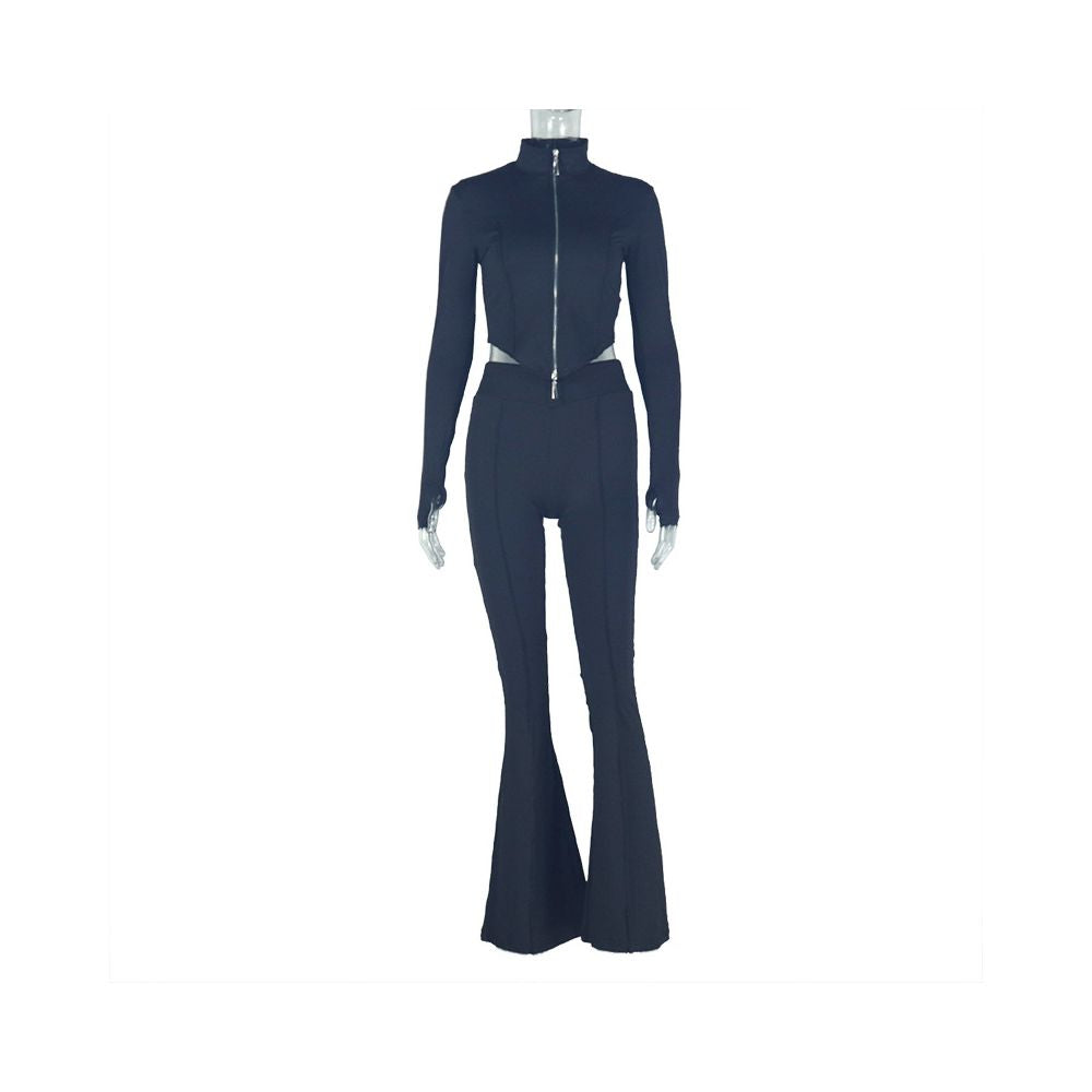 European and American cross border women s slim fit pleated zipper solid color cropped pants set long sleeved stand collar loose trousers two piece set
