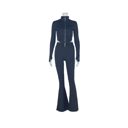 European and American cross border women s slim fit pleated zipper solid color cropped pants set long sleeved stand collar loose trousers two piece set