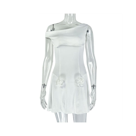 European and American style ins style foreign trade women s clothing elegant simple waist cinching A line dress solid color one shoulder asymmetrical neck pleated short dress