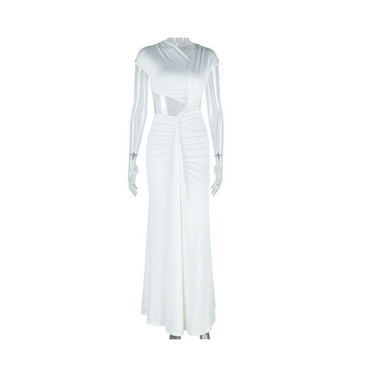 European and American style ins style foreign trade women s fashion solid color dress asymmetrical neck sleeveless ribbon fishtail elegant dress