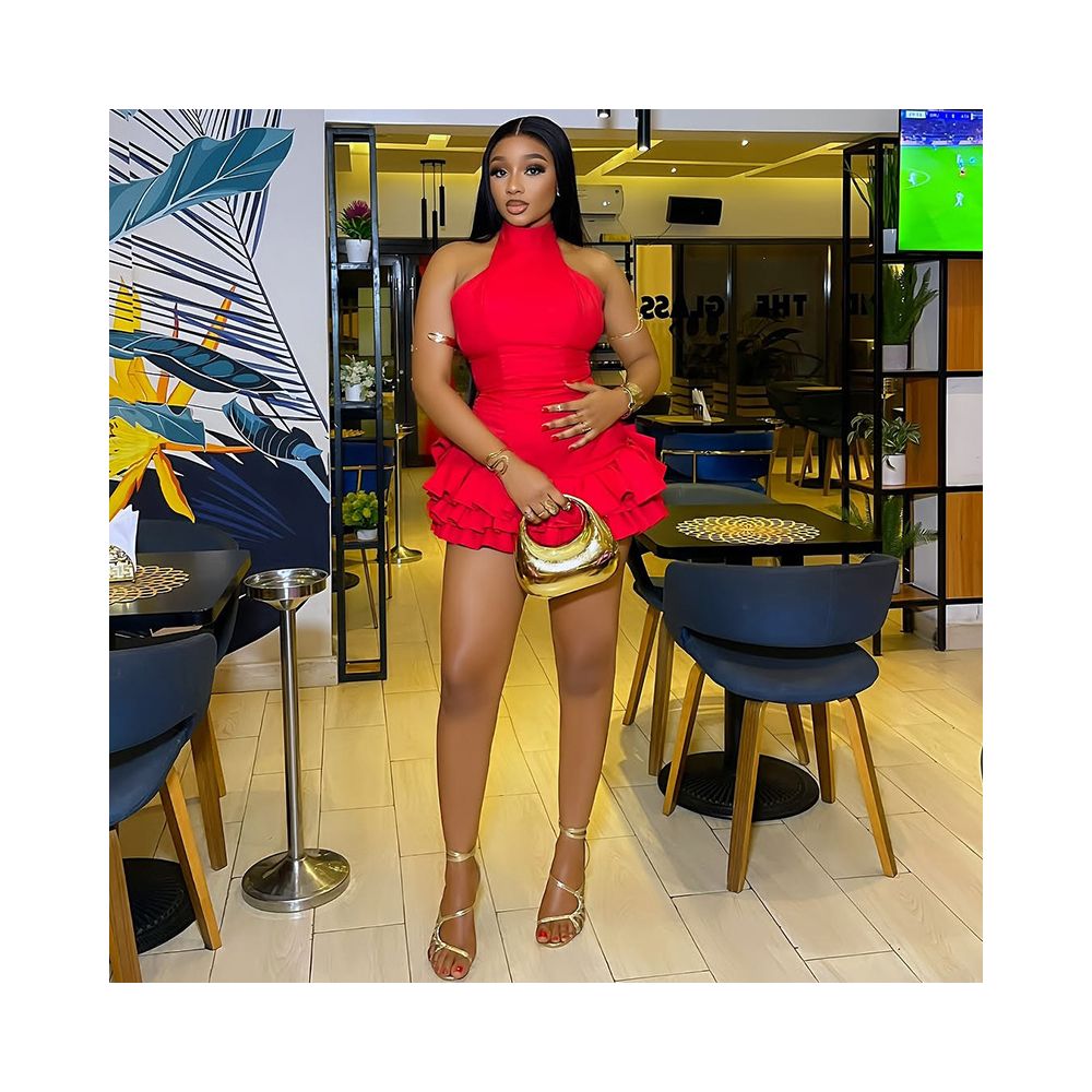 European and American style cross border personalized waist cinching women s clothing solid color fashionable fluffy pleated cake skirt stand collar sleeveless short dress image 0
