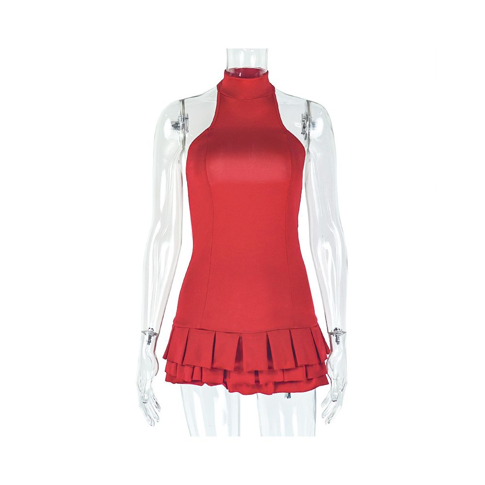 European and American style cross border personalized waist cinching women s clothing solid color fashionable fluffy pleated cake skirt stand collar sleeveless short dress