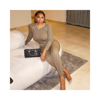 European and American cross border casual home women s slim fit stretch waist jumpsuit fashion print round neck long sleeve bodysuit image 0