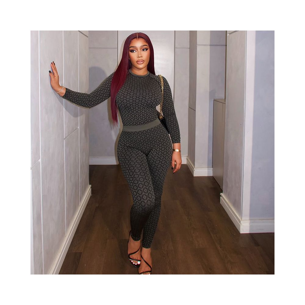 European and American cross border casual home women s slim fit stretch waist jumpsuit fashion print round neck long sleeve bodysuit image 3