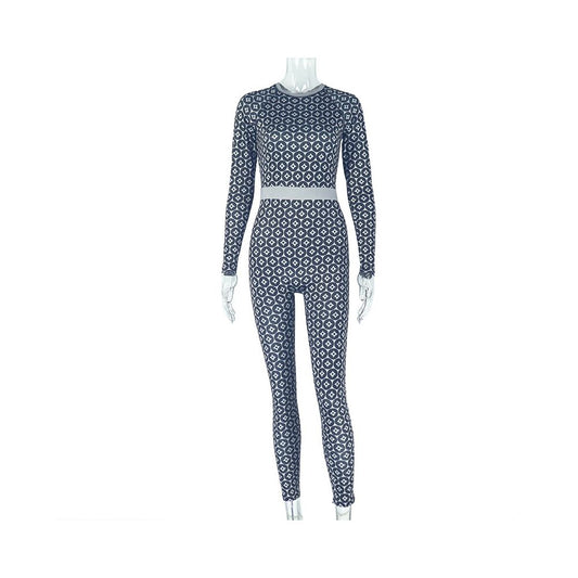 European and American cross border casual home women s slim fit stretch waist jumpsuit fashion print round neck long sleeve bodysuit