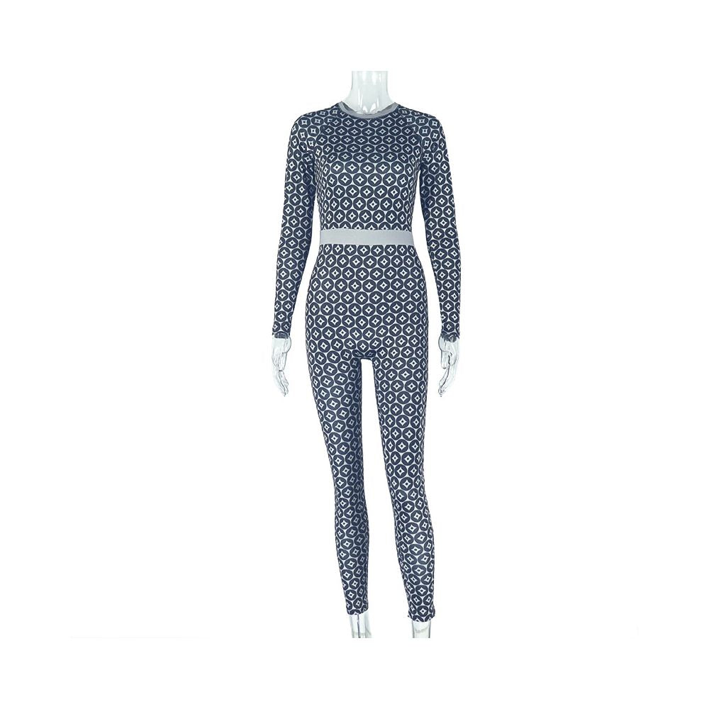 European and American cross border casual home women s slim fit stretch waist jumpsuit fashion print round neck long sleeve bodysuit