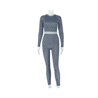 European and American cross border casual home women s slim fit stretch waist jumpsuit fashion print round neck long sleeve bodysuit