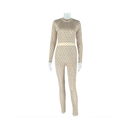 European and American cross border casual home women s slim fit stretch waist jumpsuit fashion print round neck long sleeve bodysuit