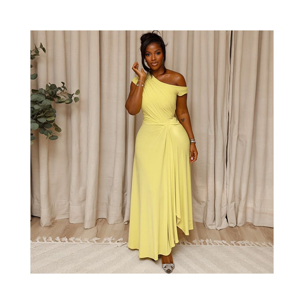 European and American style ins style cross border women s clothing solid color design waist cinching pleated A line skirt slanted neck sleeveless off shoulder long dress image 0