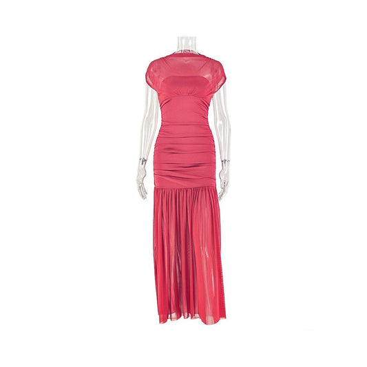 European and American style cross border elegant slim fit women s dress solid color patchwork hip hugging skirt sleeveless high neck pleated commuter long dress