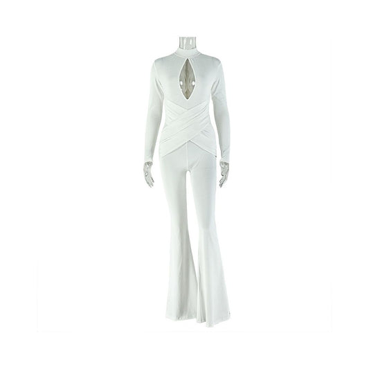 European and American style cross border sexy slim fit women s clothing hollowed out solid color flared jumpsuit street style long sleeved jumpsuit trendy