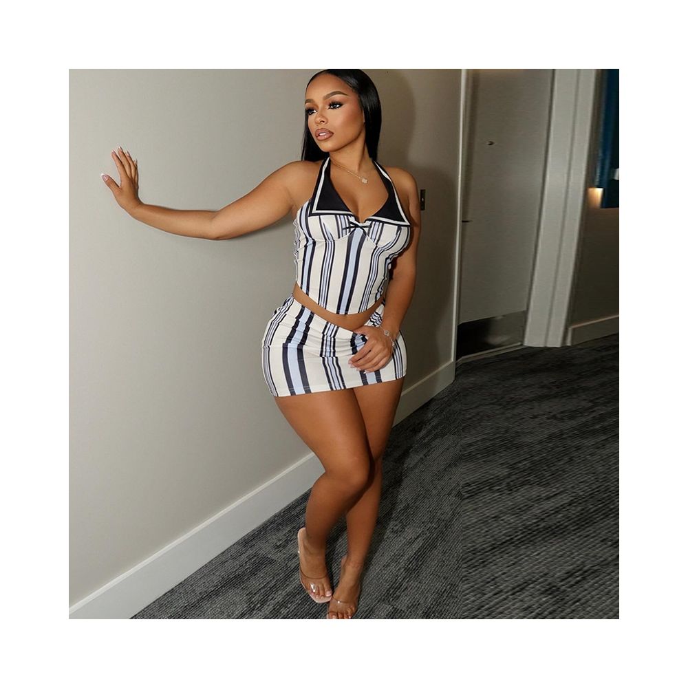 European and American style 2024 autumn cross border new style personalized digital print sleeveless halter neck striped color blocking bodycon skirt set image 1
