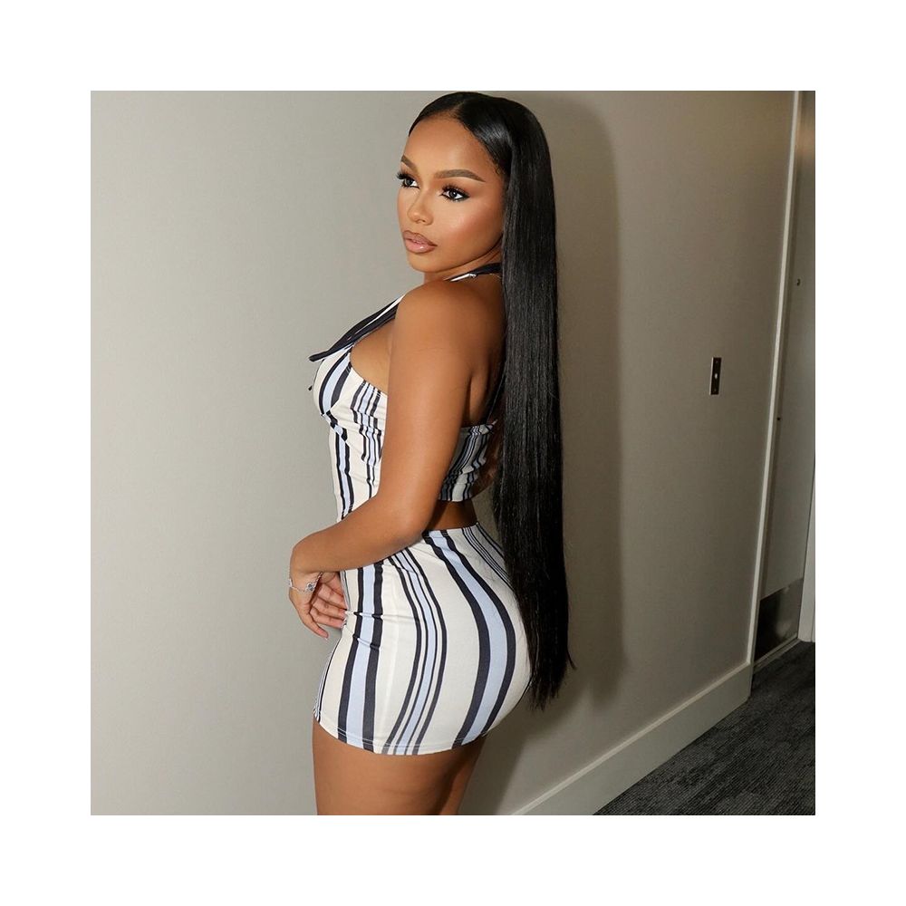 European and American style 2024 autumn cross border new style personalized digital print sleeveless halter neck striped color blocking bodycon skirt set image 3