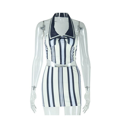 European and American style 2024 autumn cross border new style personalized digital print sleeveless halter neck striped color blocking bodycon skirt set