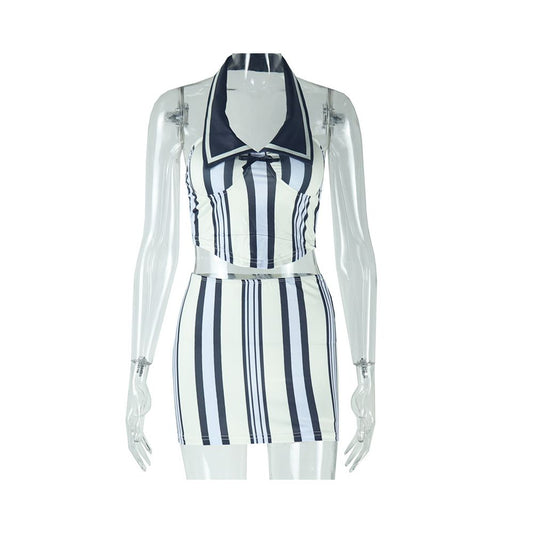 European and American style 2024 autumn cross border new style personalized digital print sleeveless halter neck striped color blocking bodycon skirt set