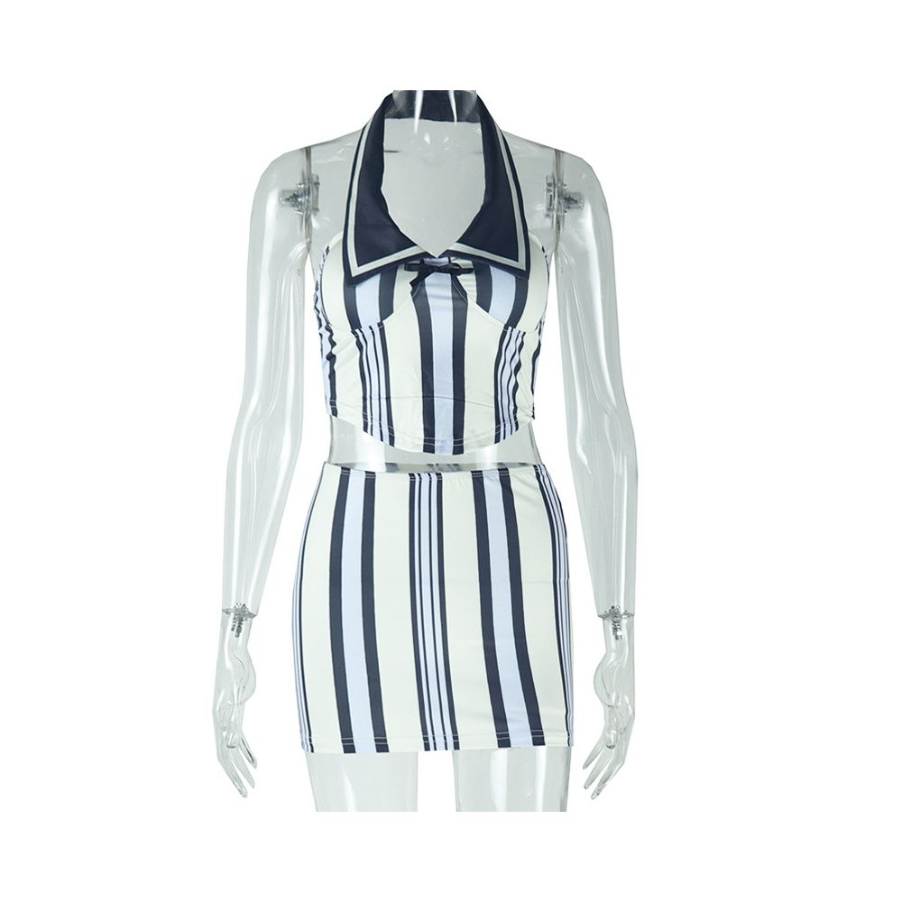 European and American style 2024 autumn cross border new style personalized digital print sleeveless halter neck striped color blocking bodycon skirt set