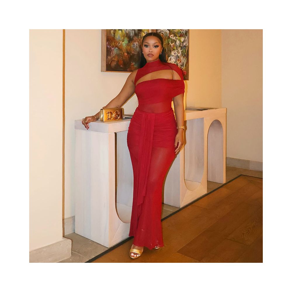 European and American style export design solid color women s elastic asymmetrical trendy bodycon skirt with lace up round neck hollowed out long dress image 0