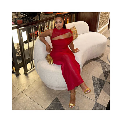 European and American style export design solid color women s elastic asymmetrical trendy bodycon skirt with lace up round neck hollowed out long dress image 1