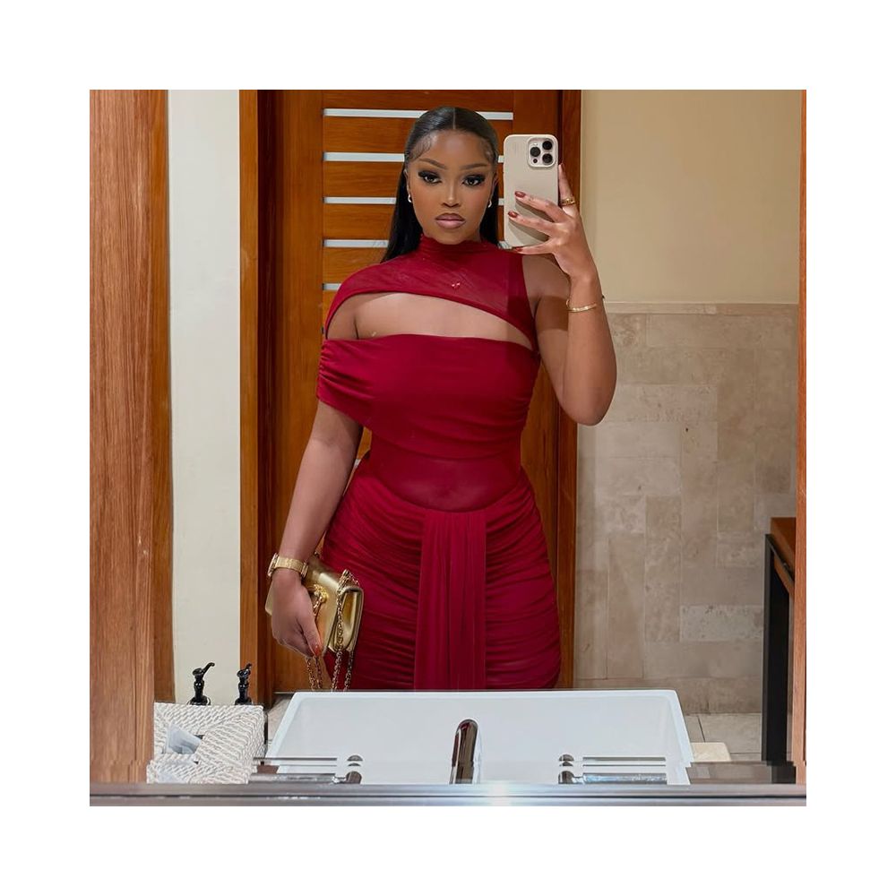 European and American style export design solid color women s elastic asymmetrical trendy bodycon skirt with lace up round neck hollowed out long dress image 2