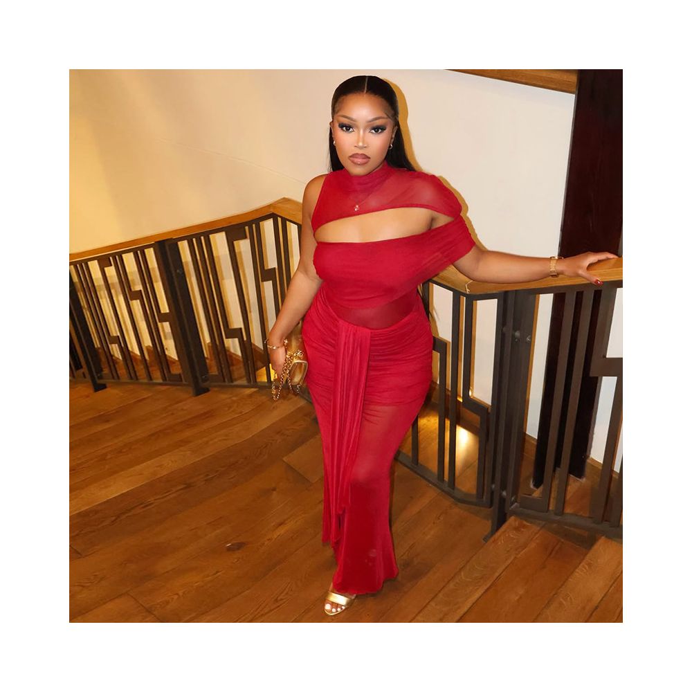 European and American style export design solid color women s elastic asymmetrical trendy bodycon skirt with lace up round neck hollowed out long dress image 3