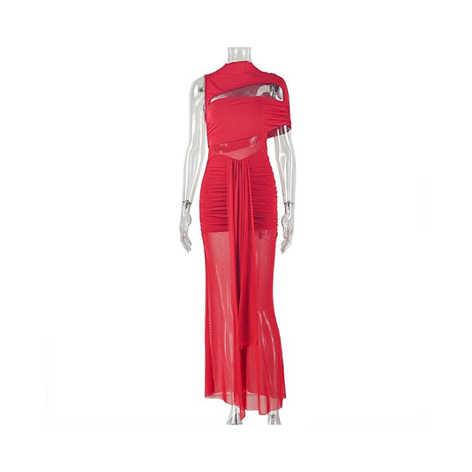 European and American style export design solid color women s elastic asymmetrical trendy bodycon skirt with lace up round neck hollowed out long dress