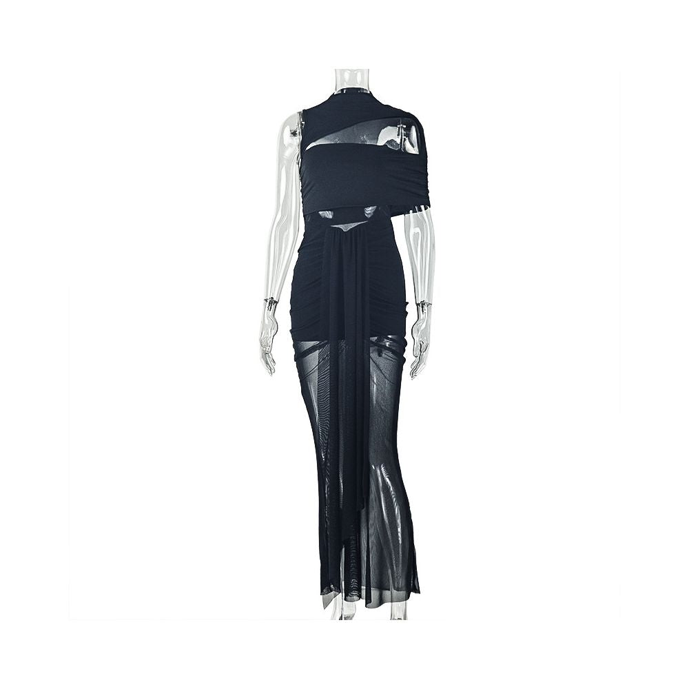 European and American style export design solid color women s elastic asymmetrical trendy bodycon skirt with lace up round neck hollowed out long dress